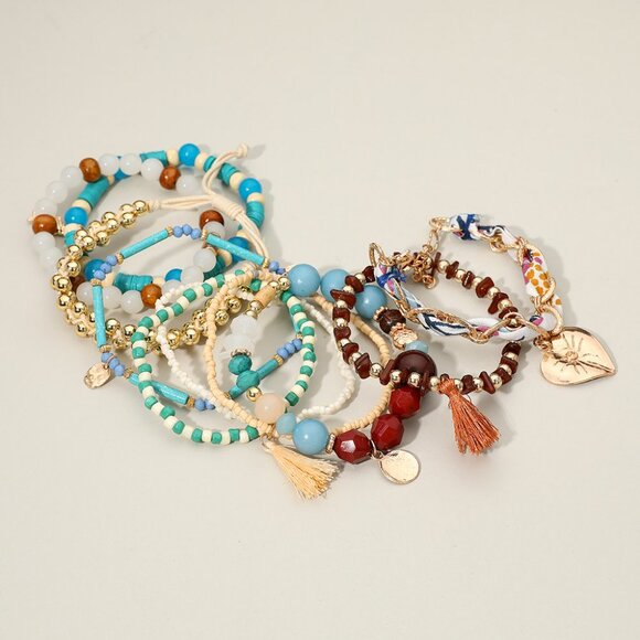 Deluxe 10PC Boho Stack Beaded Bracelet Set Gold Filled Charm Tassels India NEW - Picture 5 of 6